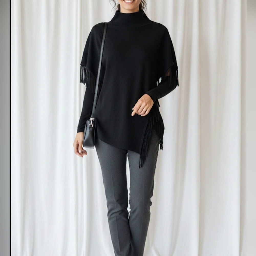 Tahari Black Shawl with Sleeves & Fringe – 100% Wool Elegant Wrap